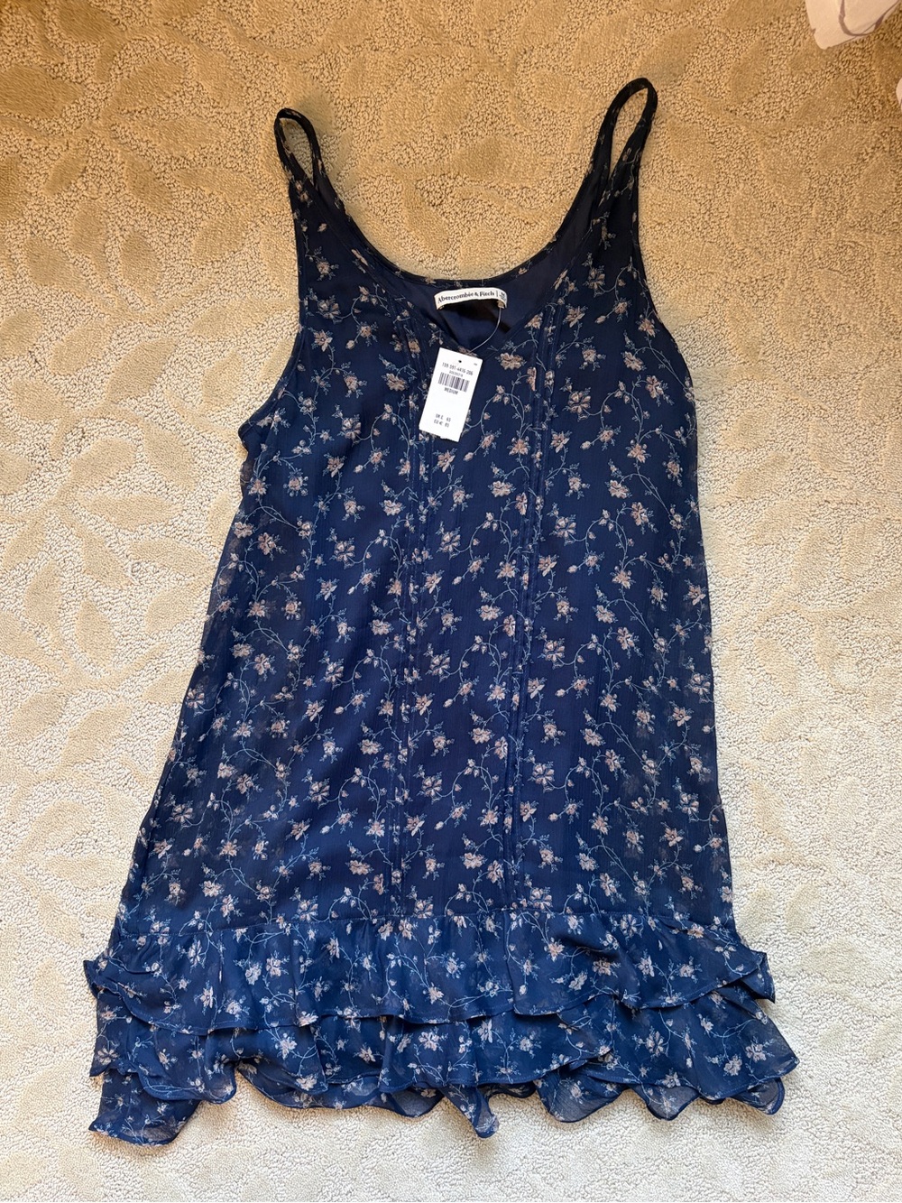 Abercrombie & Fitch Navy Floral Ruffle-Hem Vintage Midi Dress - Medium